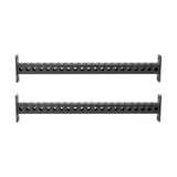 The Bells of Steel Manticore Crossmembers are black metal bars with evenly spaced circular holes and mounting brackets on each end, designed for attaching to 3x3 power rack uprights. Displayed against a white background.