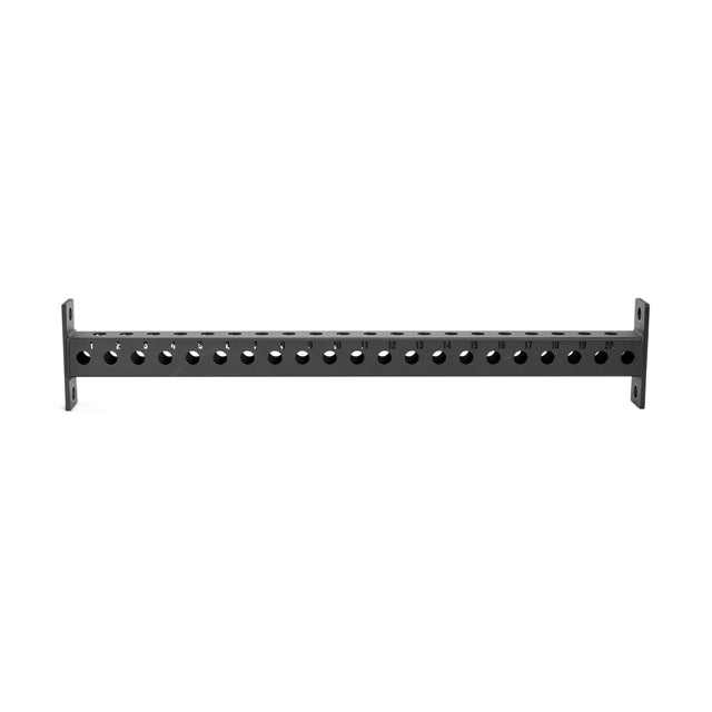 The Bells of Steel Manticore Crossmembers are black metal rack-mount panels with multiple round ports in a row, designed for network or audio cable management and easy integration with power rack uprights for versatile attachments.