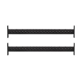 Two black Hydra Crossmembers by Bells of Steel, featuring evenly spaced holes, are shown parallel on a white background. Perfect for adding attachments to your power rack.