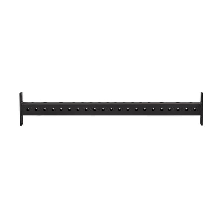 The Bells of Steel Hydra Crossmembers are black metal support bars with evenly spaced holes and vertical end brackets, perfect for use as Hydra Rack crossmembers or for mounting attachments in shelving or racking systems.