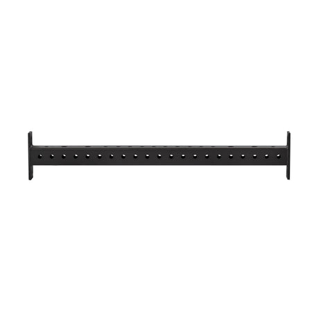 The Bells of Steel Hydra Crossmembers are black metal support bars with evenly spaced holes and vertical end brackets, perfect for use as Hydra Rack crossmembers or for mounting attachments in shelving or racking systems.