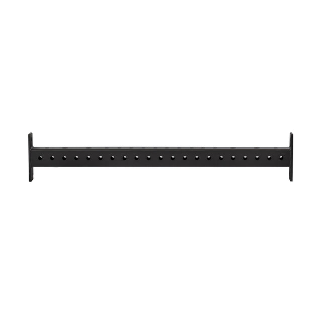 The Bells of Steel Hydra Crossmembers are black metal support bars with evenly spaced holes and vertical end brackets, perfect for use as Hydra Rack crossmembers or for mounting attachments in shelving or racking systems.