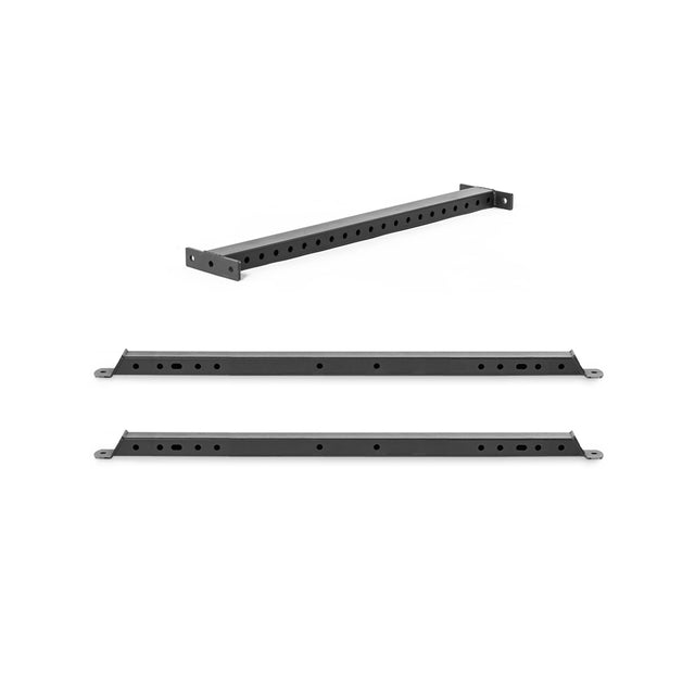 Three views of Bells of Steel Hydra Flat Foot Components, black metal brackets with multiple holes for flat foot support systems, shown from angled, top, and side perspectives against a plain white background.