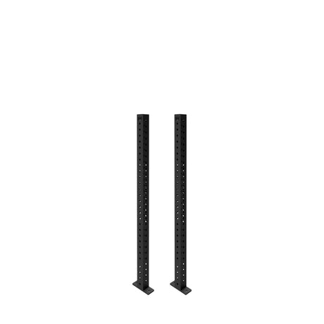 Two black metal Bells of Steel Hydra Vertical Uprights with multiple evenly spaced holes, standing upright on flat bases against a plain white background—ideal for adding power rack attachments to your setup.