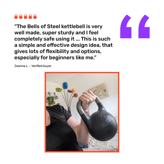 Indoors, a person lifts the Bells of Steel 6-12KG Adjustable Kettlebell in black competition style. A review highlighting its safe and well-designed features appears on screen, accompanied by the reviewer’s name and a verification badge.