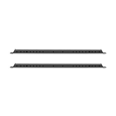 Two black metal Hydra Flat Foot Support System brackets by Bells of Steel, reminiscent of power racks, are parallel on a white background. Each bracket has multiple evenly spaced holes for robust reinforcement.