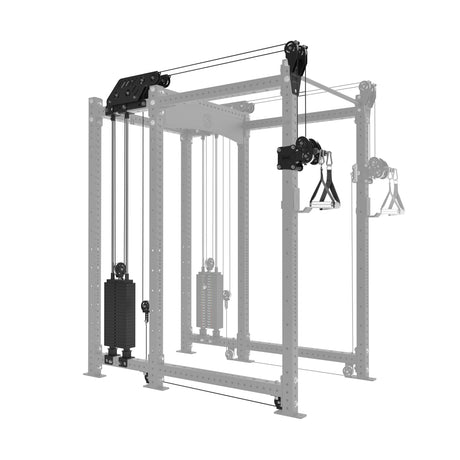 The Kraken Rack Attachment for 6 Post Manticore Racks by Bells of Steel is a compact cable system with dual pulleys and two handles. It features a sturdy metal frame, adjustable weights, and versatile trolleys for various strength exercises, emphasizing structure and adaptability.