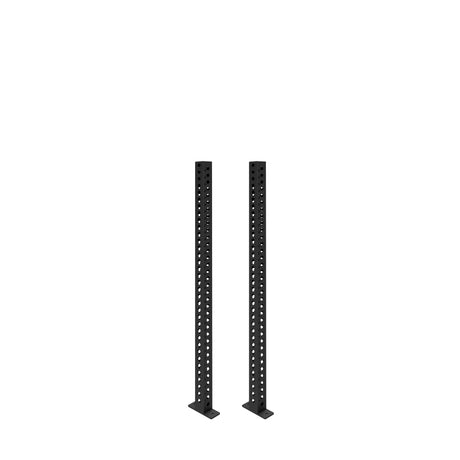 Two Manticore Vertical Uprights by Bells of Steel, black metal 3x3 rack posts with evenly spaced holes, stand parallel on flat rectangular bases against a white background.