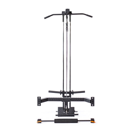 The Bells of Steel Lat Pulldown & Low Row Rack Attachment - Hydra & Manticore is a black vertical machine for upper body and back cable exercises, featuring pulleys, handles, padded seat, and Lat Pulldown Attachment.