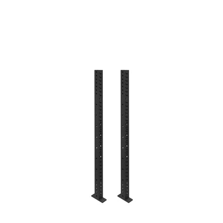 Two tall, black Hydra Vertical Uprights from Bells of Steel stand side by side on a plain white background, featuring evenly spaced holes to fit various power rack attachments.