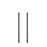 On a white background, two Hydra Vertical Uprights from Bells of Steel stand parallel. These perforated metal beams feature evenly spaced holes, ideal for shelving or structural support, with a simple and industrial design suited for versatile rack attachments in Hydra Rack systems.