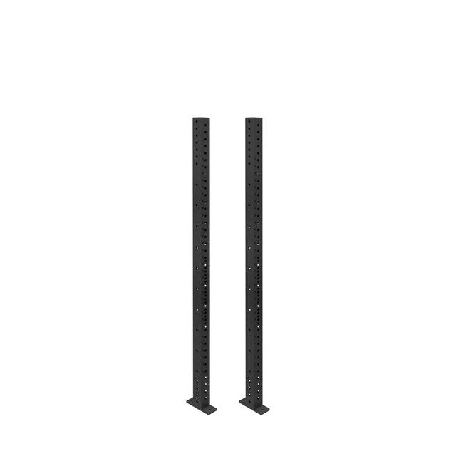 Two black metal Hydra Vertical Uprights by Bells of Steel, each with multiple holes and flat bases for true 3x3 rack compatibility, stand side by side against a white background—perfect for versatile power rack attachments.