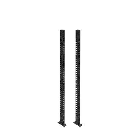 Two tall, black Manticore Vertical Uprights by Bells of Steel, made of metal with evenly spaced holes and rectangular bases, stand upright on a white background.