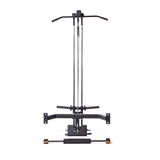 The Bells of Steel Lat Pulldown & Low Row Rack Attachment for Hydra & Manticore features a vertical frame, two upper pulleys, pull-up bar, handles, and padded base for versatile cable workouts, all in black with orange accents.