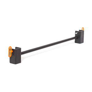 The Bells of Steel Adjustable Pull-up Bar Rack Attachment features black square end brackets and orange safety clips, making it ideal home gym equipment, shown isolated on a white background.