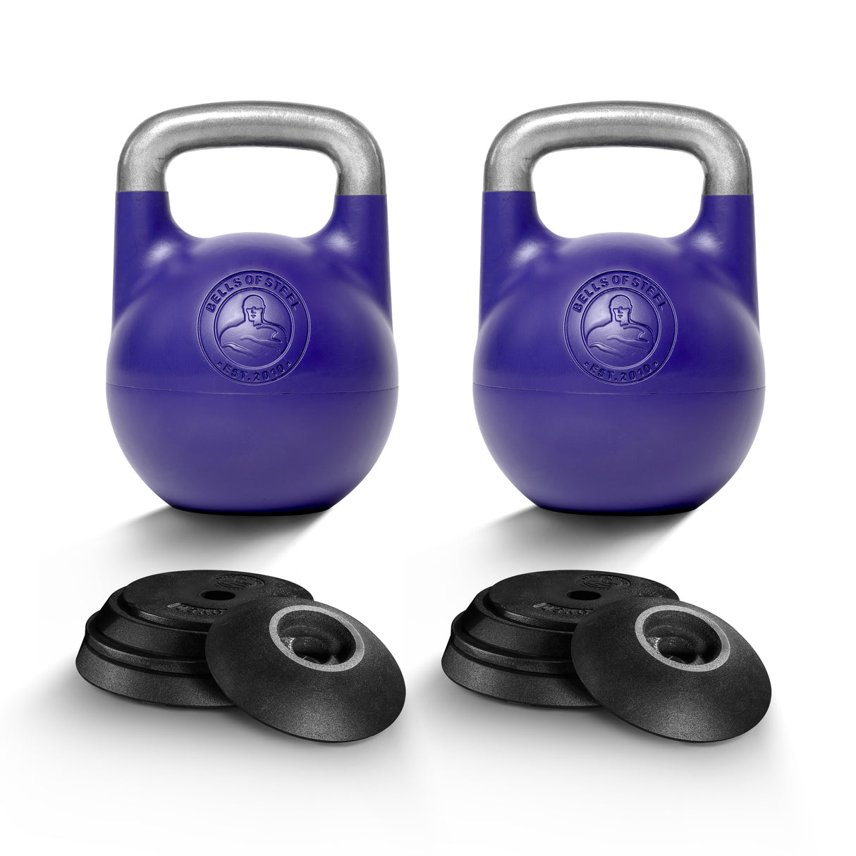 Two Bells of Steel Adjustable Competition Kettlebells with silver handles are set side by side, each in front of four black weight plates. All items are displayed against a clean white background.