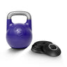The Bells of Steel Adjustable Competition Kettlebell, featuring a purple body and silver handle, sits beside three black interchangeable weight plates on a white background—ideal for effective kettlebell training.