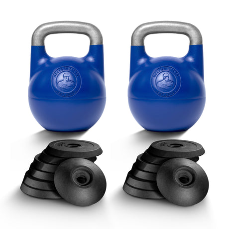 Two Bells of Steel Adjustable Competition Kettlebells with silver handles are set behind black weight plates, all on a white background—ideal for intense kettlebell training sessions.