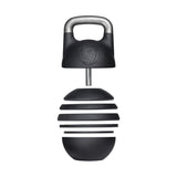 The Bells of Steel Adjustable Competition Kettlebell in black features an ergonomic design with a metal handle and a unique beehive-like pattern. It offers versatile weight increments and sports a circular emblem with an abstract logo, blending functionality with sleek aesthetics.