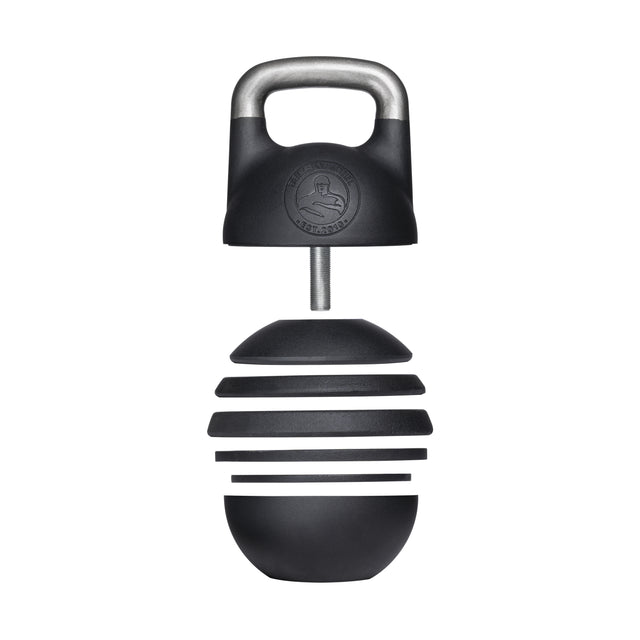 The Bells of Steel Adjustable Competition Kettlebell in black features an ergonomic design with a metal handle and a unique beehive-like pattern. It offers versatile weight increments and sports a circular emblem with an abstract logo, blending functionality with sleek aesthetics.