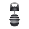 The Bells of Steel Adjustable Competition Kettlebell in black features an ergonomic design with a metal handle and a unique beehive-like pattern. It offers versatile weight increments and sports a circular emblem with an abstract logo, blending functionality with sleek aesthetics.