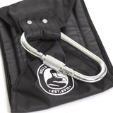 A large metal carabiner clips to a black nylon pouch featuring the Bells of Steel logo, ideal for storing your Hanging Ab Straps (Pair) after an intense core workout.