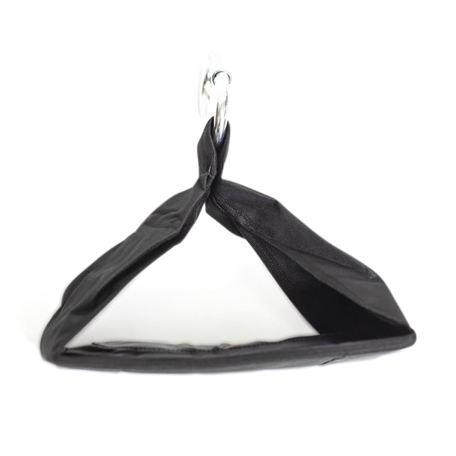 The Bells of Steel Hanging Ab Straps (Pair) are black fabric triangle straps with metal rings for attaching to gym equipment, ideal for arm support during ab exercises. Displayed on a plain white background.