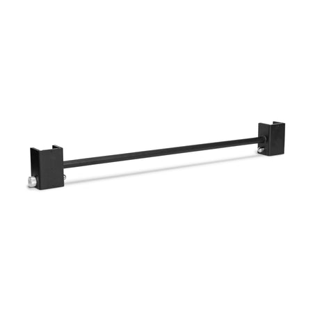 The Bells of Steel Adjustable Pull-up Bar Rack Attachment is a black metal bar with rectangular brackets on each end, designed for secure mounting to a flat surface—ideal for adding a pull-up option to your home gym power rack.