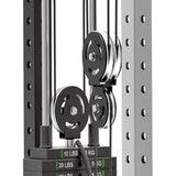 Close-up of Bells of Steel's Aluminum Pulley Wheels & Upgrade Kits, highlighting the aluminum wheels and cables. The weights are labeled in both pounds and kilograms, displaying 10 and 20 lbs. The frame is constructed from perforated metal.