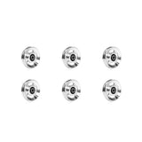 Six identical aluminum pulley wheels from Bells of Steel are arranged in two rows on a pristine white background.