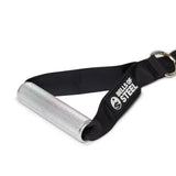 A close-up of the Bells of Steel Aluminum Handles Pair shows a textured grip, black nylon strap labeled "Bells of Steel," and metal ring for connecting to a cable machine.