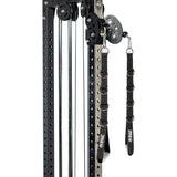 A close-up of the Bells of Steel Aluminum Handles Pair, featuring adjustable straps, multiple metal rings, and sleek black cables—designed for strength training and fitness exercises.
