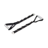 Two black adjustable straps with multiple metal D-rings and cushioned aluminum handles from Bells of Steel’s Aluminum Handles Pair, designed for exercise or cable machines, are laid out on a white background. One strap shows the "Sheer Steel" logo.