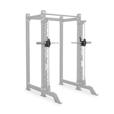 A black power rack by Bells of Steel is displayed with a pair of J-cup barbell holders attached—the holders are highlighted in color while the rack appears in gray. This setup also features the Smith Machine Rack Attachment from Bells of Steel, seamlessly blending functionality with style to enhance workout versatility.