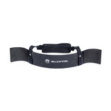 The Bells of Steel Arm Blaster is a black weightlifting accessory with padded straps and a white logo, designed for bicep curls and tricep pushdown support.