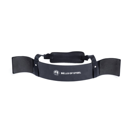 The Bells of Steel Arm Blaster is a black weightlifting accessory with padded straps and a white logo, designed for bicep curls and tricep pushdown support.