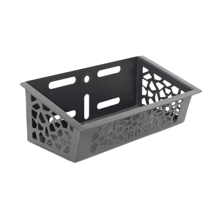 The Bells of Steel Rack Attached Storage Basket is a black rectangular organizer with geometric side cutouts and back mounting holes, ideal for storing gym equipment or fitness accessories.