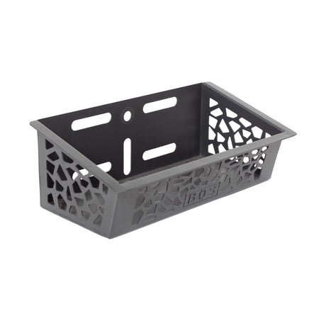 The Bells of Steel Rack Attached Storage Basket is a black rectangular organizer with geometric side cutouts and back mounting holes, ideal for storing gym equipment or fitness accessories.