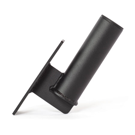 The Bells of Steel Vertical Mount Barbell Holder Rack Attachment is a black metal wall-mounted bracket with a cylindrical tube angled upward, welded to a flat rectangular base for efficient barbell storage.