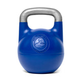 The Adjustable Competition Kettlebell by Bells of Steel is blue with a silver handle, logo, and branding. It offers weight increments for customizable workouts.