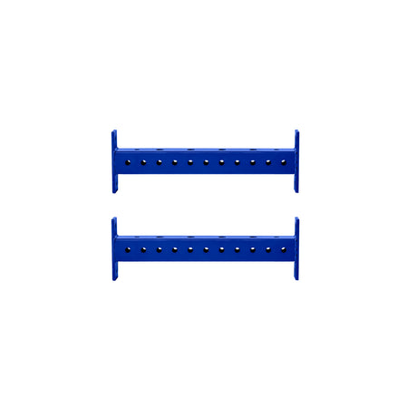 Two blue Hydra Crossmembers from Bells of Steel, featuring evenly spaced holes and aligned parallel on a white background—perfect for expanding your power rack with new attachments.