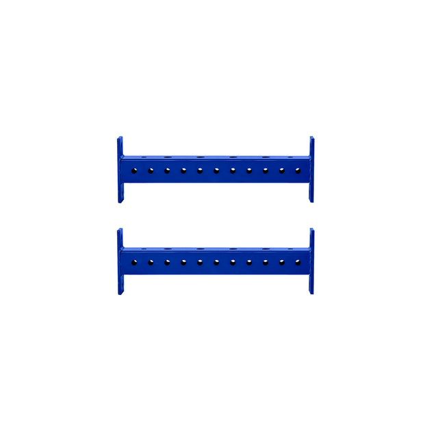 Two blue Hydra Crossmembers from Bells of Steel, featuring evenly spaced holes and aligned parallel on a white background—perfect for expanding your power rack with new attachments.