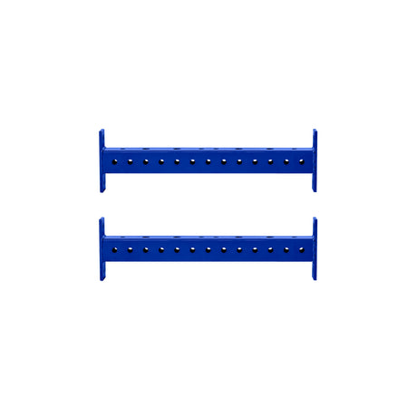 Two Hydra Crossmembers by Bells of Steel, blue horizontal metal bars with evenly spaced holes, are parallel to each other against a plain white background.