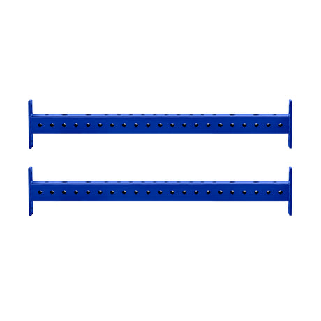 Two horizontal blue Bells of Steel Hydra Crossmembers, each featuring evenly spaced holes along their length, are positioned parallel to each other on a white background.