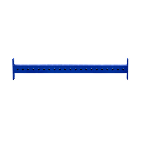 A blue Hydra Crossmember by Bells of Steel, set against a white background, features evenly spaced holes along its metal length for power rack attachments.