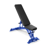 The Buzz-Saw Heavy-Duty Adjustable Bench by Bells of Steel features a black padded seat and backrest, set to an incline position on a durable blue metal frame, perfect for intense workouts.