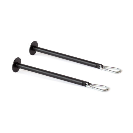 Bells of Steel Band Pegs with Carabiners—set of two black metal pegs with round flat bases and silver clips, ideal for securely attaching resistance bands to your power rack.