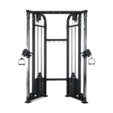 The Bells of Steel Functional Trainer - Weight Stack is a black dual adjustable pulley machine with two adjustable arms and handles, ideal for versatile cable exercises and strength training routines.
