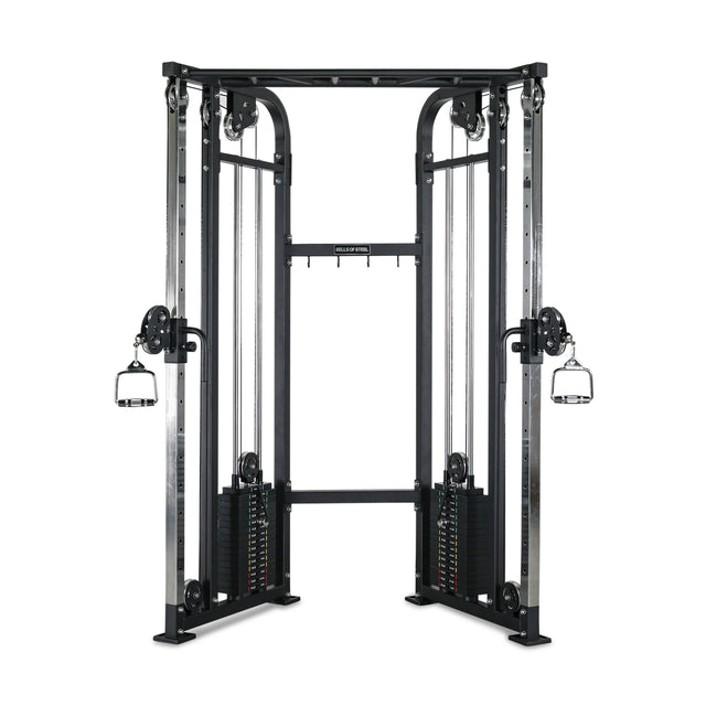 The Bells of Steel Functional Trainer - Weight Stack is a black dual adjustable pulley machine with two adjustable arms and handles, ideal for versatile cable exercises and strength training routines.