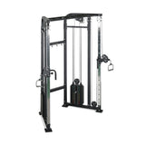 The Bells of Steel Functional Trainer - Weight Stack features adjustable pulleys, dual handles per side, a multi-grip pull-up bar, and weight stacks—perfect for versatile strength training and a variety of cable exercises in any gym.